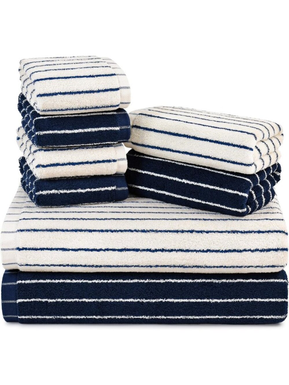 8-Piece Cotton Striped Towel Set in Navy Blue & Ivory - Soft, Absorbent Bath